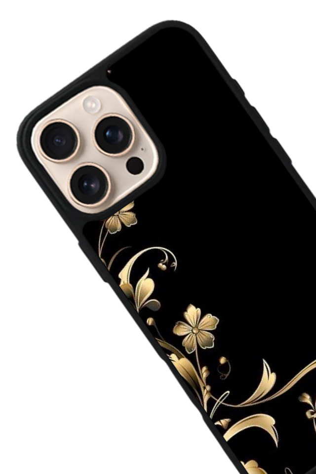 iPhone 15 Pro Max Uyumlu Yaldizli Cicek Tasarımlı Glossy Premium Kılıf