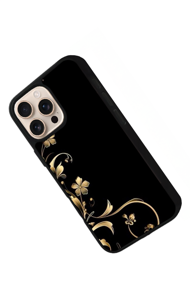 iPhone 15 Pro Max Uyumlu Yaldizli Cicek Tasarımlı Glossy Premium Kılıf