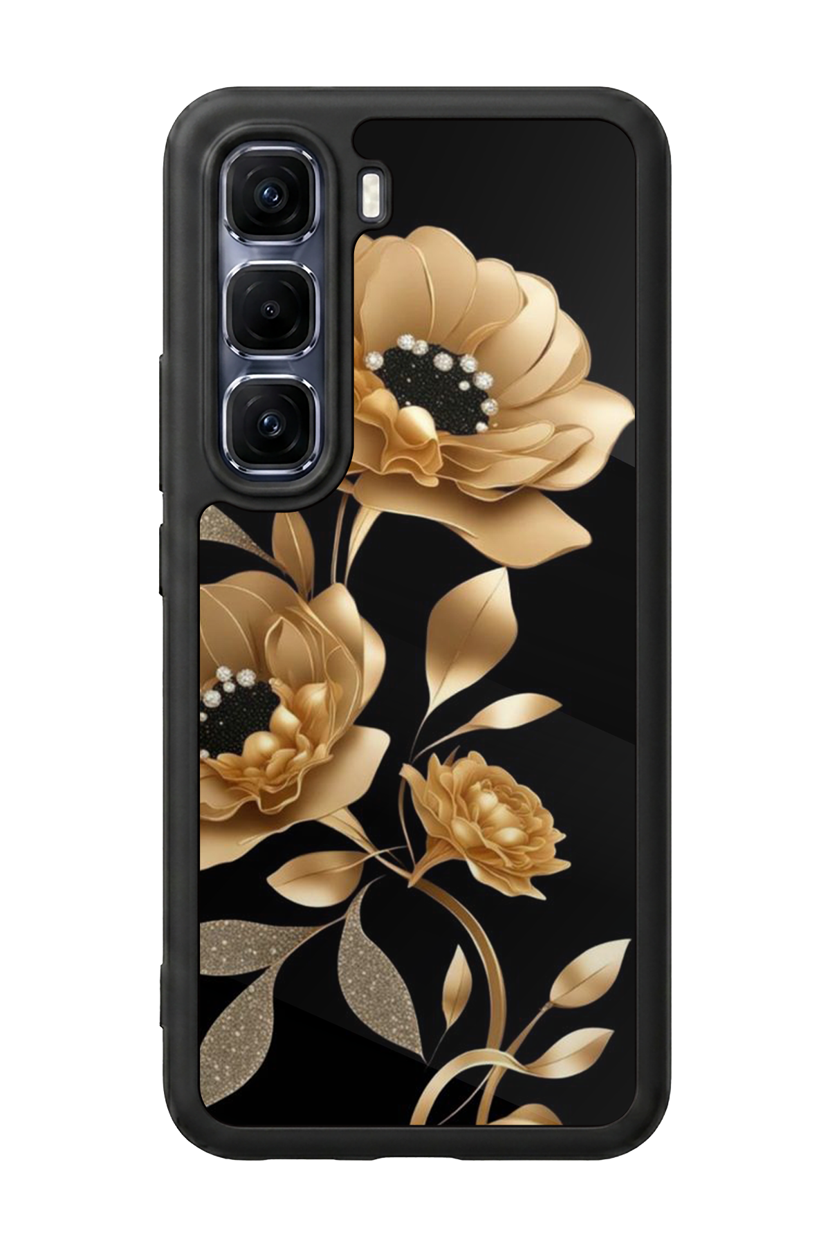 Infinix Hot 60 Pro Plus Uyumlu Yaldizli Cicek Tasarımlı Glossy Premium Kılıf