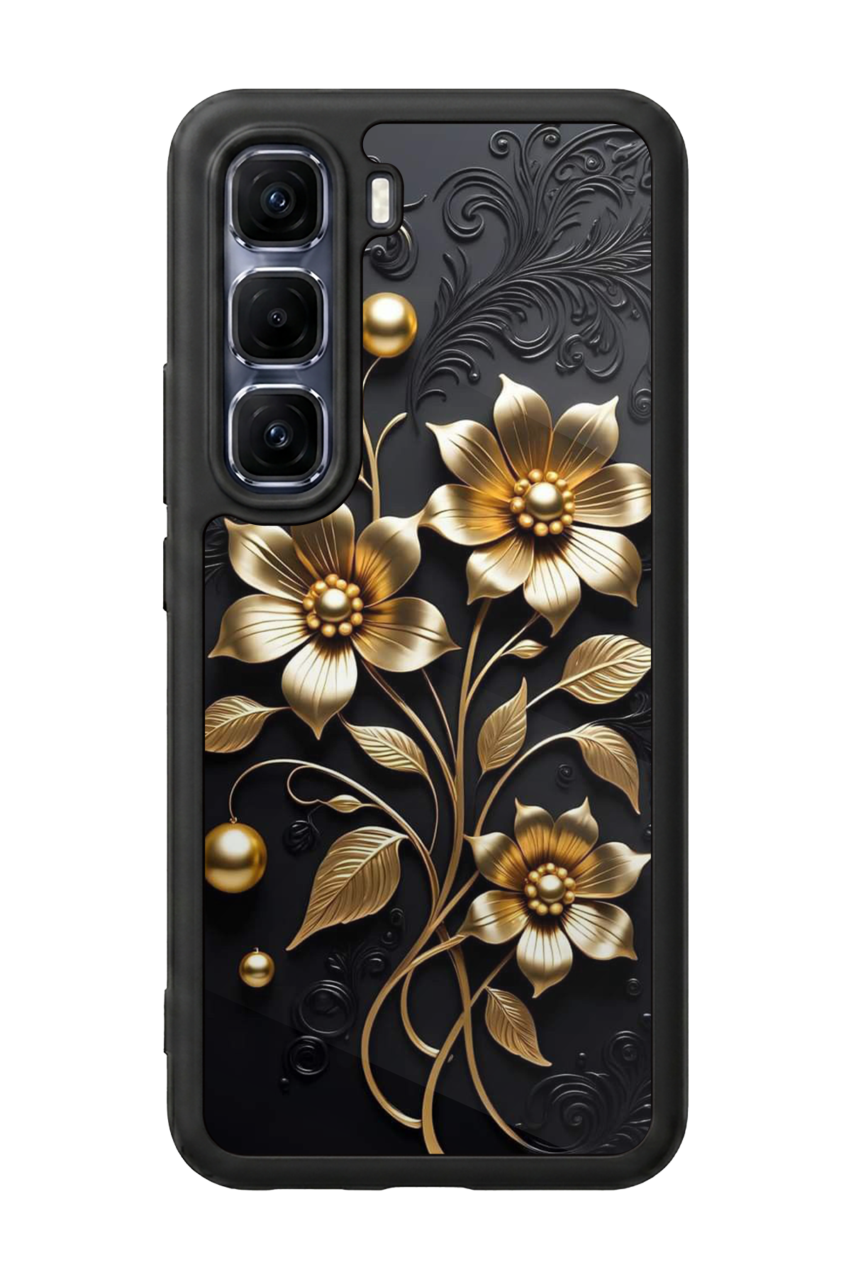 Infinix Hot 60 Pro Plus Uyumlu Yaldizli Cicek Tasarımlı Glossy Premium Kılıf