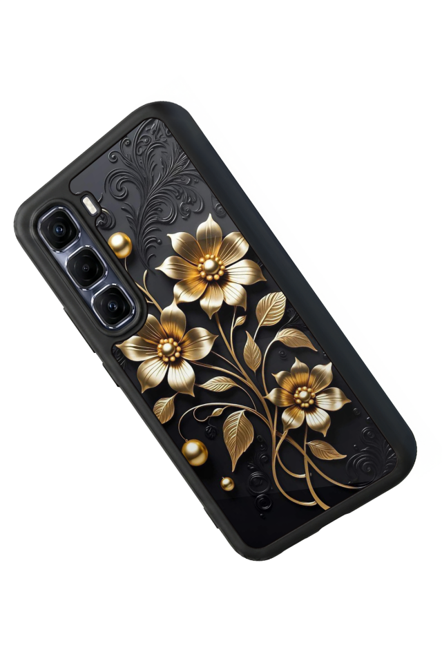 Infinix Hot 60 Pro Plus Uyumlu Yaldizli Cicek Tasarımlı Glossy Premium Kılıf
