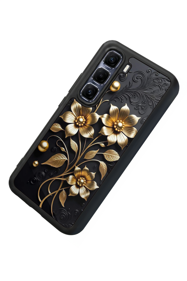 Infinix Hot 60 Pro Plus Uyumlu Yaldizli Cicek Tasarımlı Glossy Premium Kılıf
