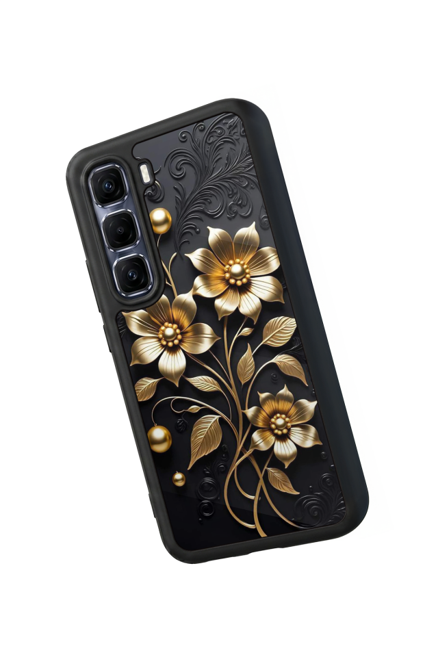 Infinix Hot 60 Pro Plus Uyumlu Yaldizli Cicek Tasarımlı Glossy Premium Kılıf