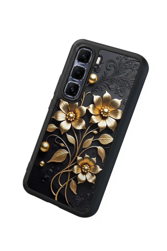 Infinix Hot 60 Pro Plus Uyumlu Yaldizli Cicek Tasarımlı Glossy Premium Kılıf