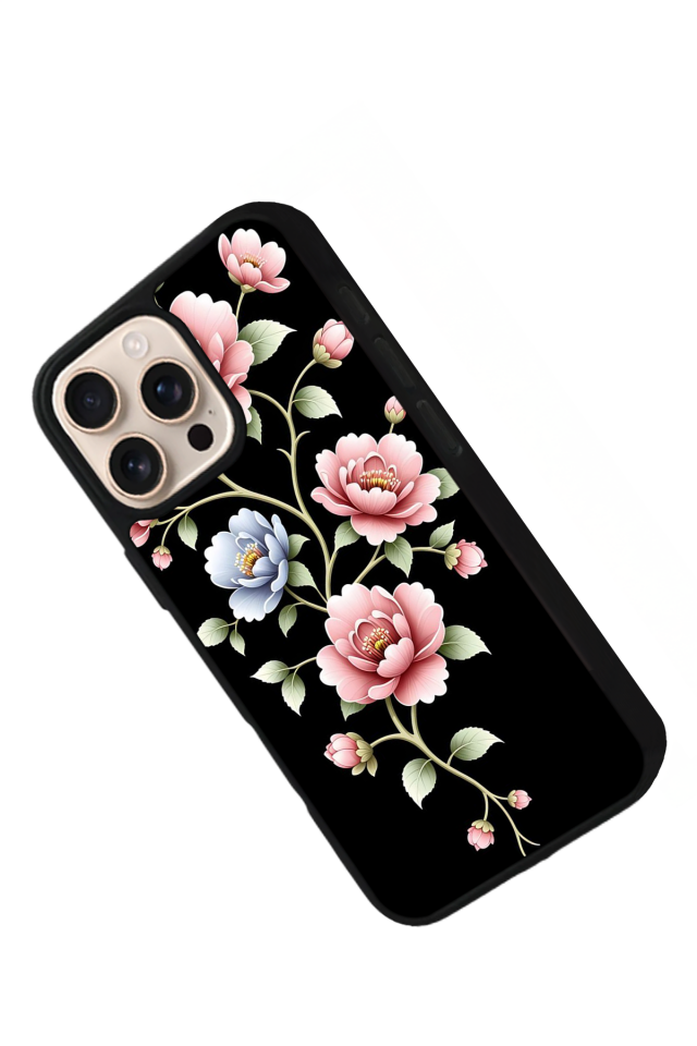 iPhone 15 Pro Max Uyumlu Yaldizli Cicek Tasarımlı Glossy Premium Kılıf