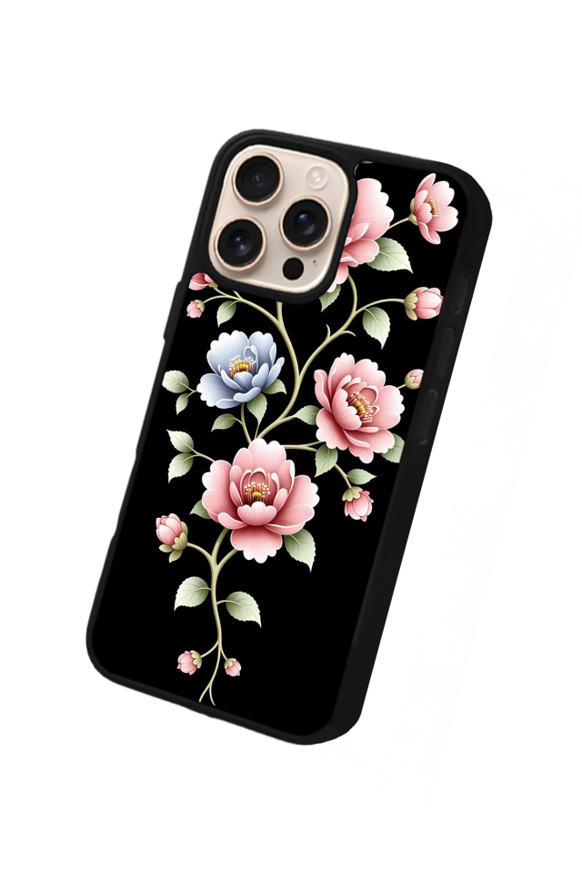 iPhone 15 Pro Max Uyumlu Yaldizli Cicek Tasarımlı Glossy Premium Kılıf