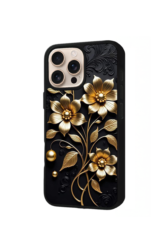iPhone 15 Pro Max Uyumlu Yaldizli Cicek Tasarımlı Glossy Premium Kılıf