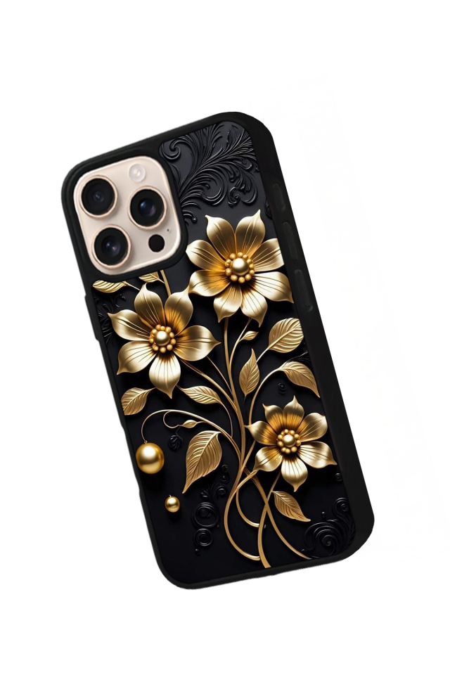iPhone 15 Pro Max Uyumlu Yaldizli Cicek Tasarımlı Glossy Premium Kılıf