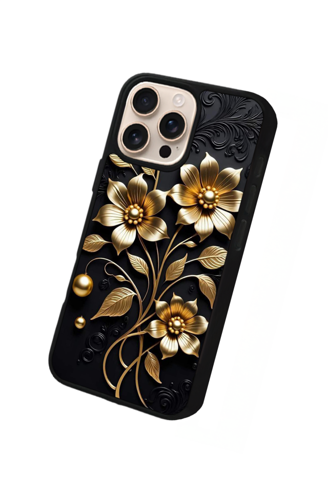 iPhone 15 Pro Max Uyumlu Yaldizli Cicek Tasarımlı Glossy Premium Kılıf