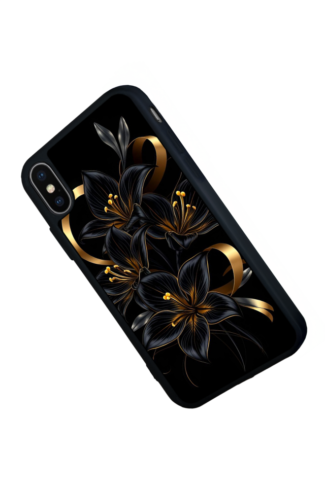iPhone XS Max Uyumlu Yaldizli Cicek Tasarımlı Glossy Premium Kılıf