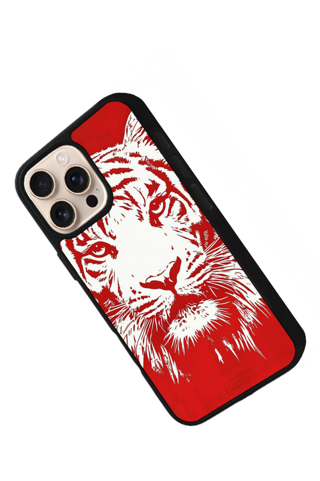 iPhone 15 Pro Max Uyumlu Kirmizi ve Kaplan Tasarımlı Glossy Premium Kılıf