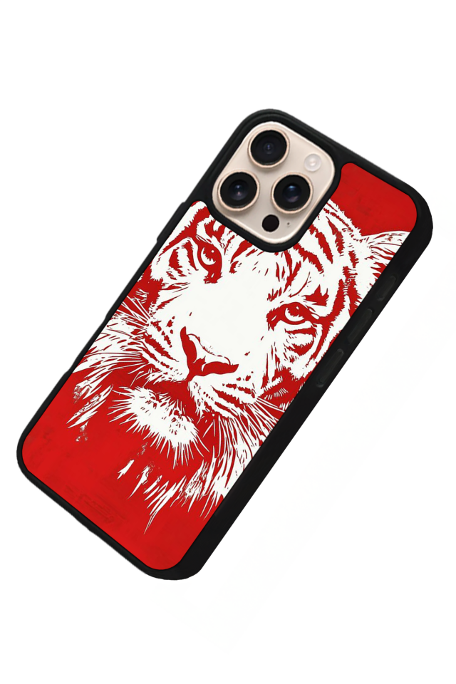 iPhone 15 Pro Max Uyumlu Kirmizi ve Kaplan Tasarımlı Glossy Premium Kılıf