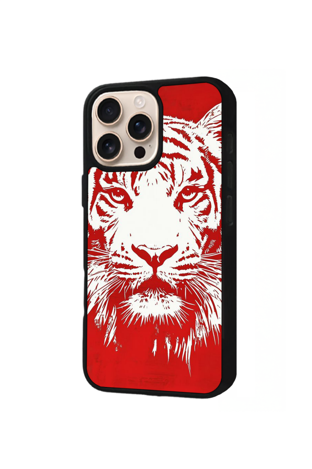 iPhone 15 Pro Max Uyumlu Kirmizi ve Kaplan Tasarımlı Glossy Premium Kılıf