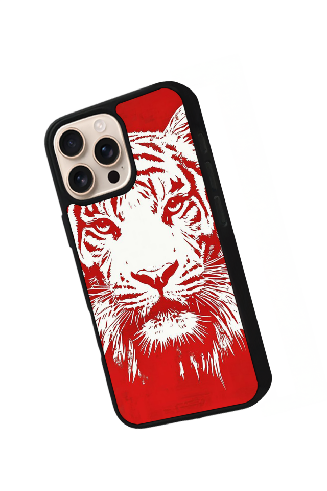iPhone 15 Pro Max Uyumlu Kirmizi ve Kaplan Tasarımlı Glossy Premium Kılıf