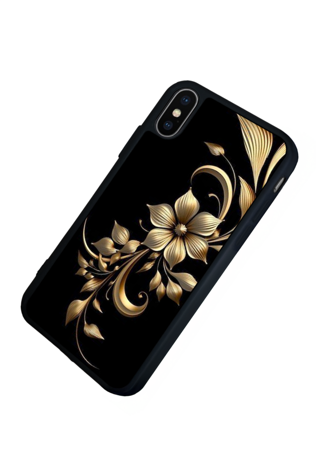 iPhone XS Max Uyumlu Yaldizli Cicek Tasarımlı Glossy Premium Kılıf
