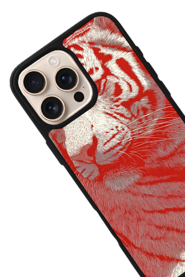 iPhone 15 Pro Max Uyumlu Kirmizi ve Kaplan Tasarımlı Glossy Premium Kılıf