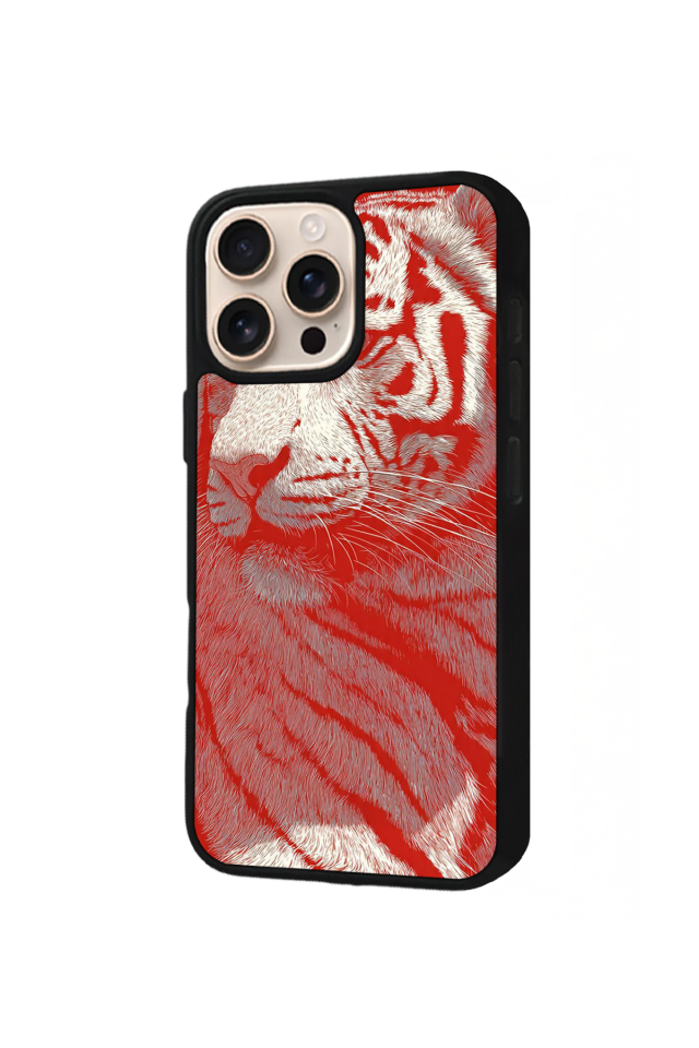 iPhone 15 Pro Max Uyumlu Kirmizi ve Kaplan Tasarımlı Glossy Premium Kılıf