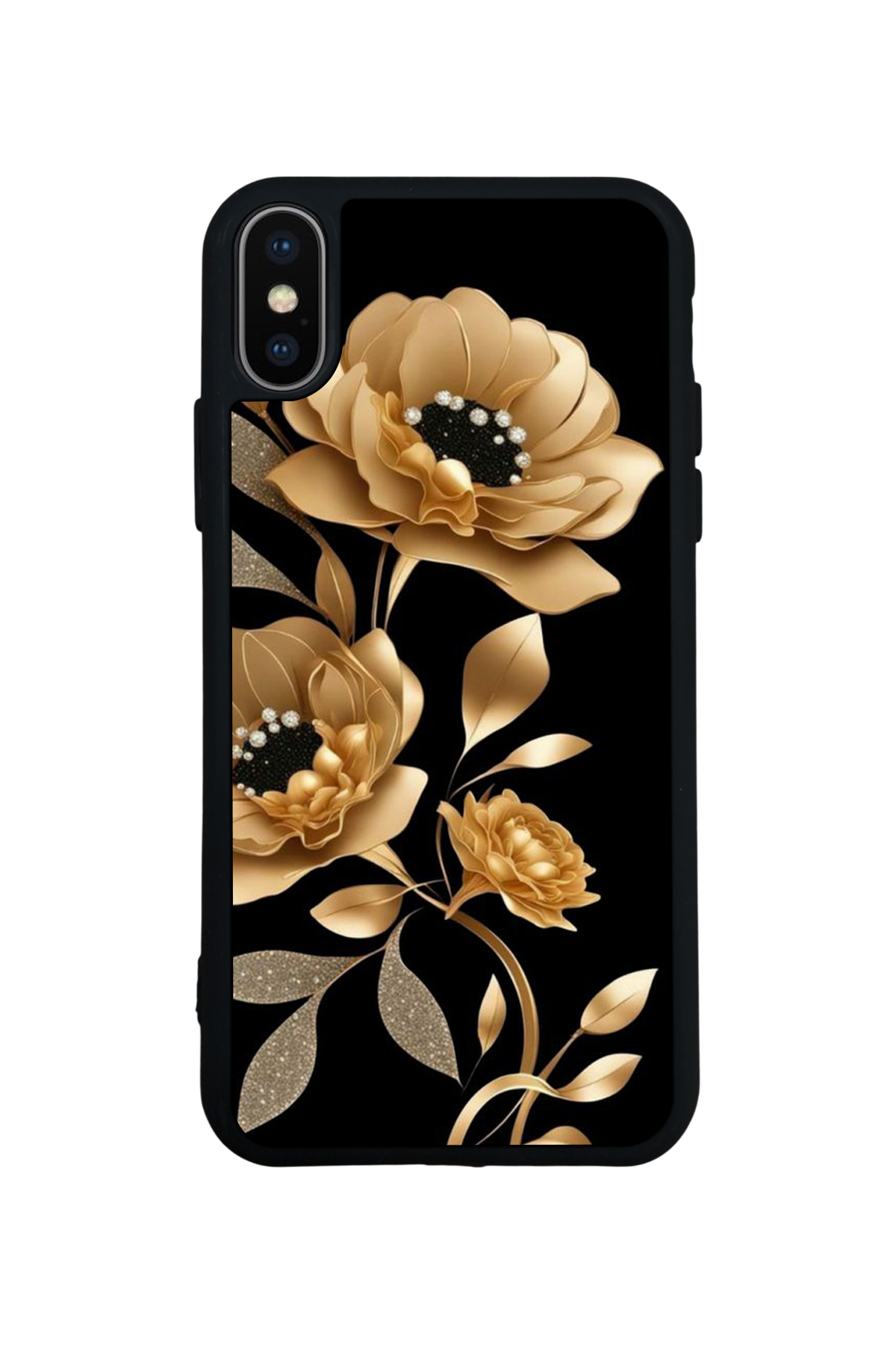 iPhone XS Max Uyumlu Yaldizli Cicek Tasarımlı Glossy Premium Kılıf