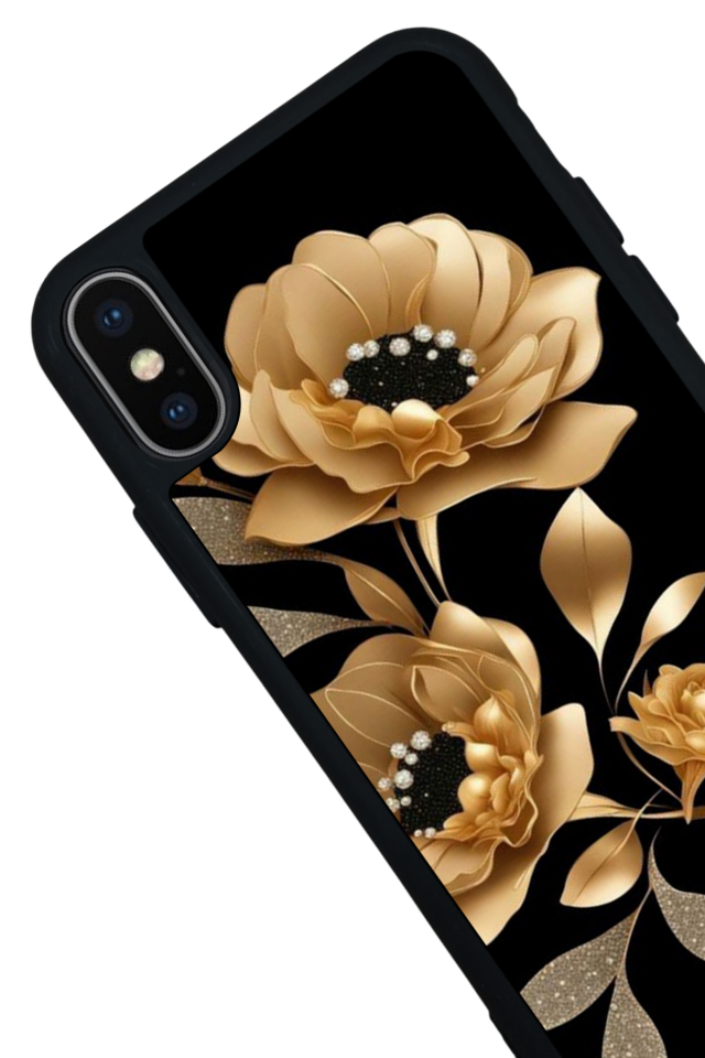iPhone XS Max Uyumlu Yaldizli Cicek Tasarımlı Glossy Premium Kılıf