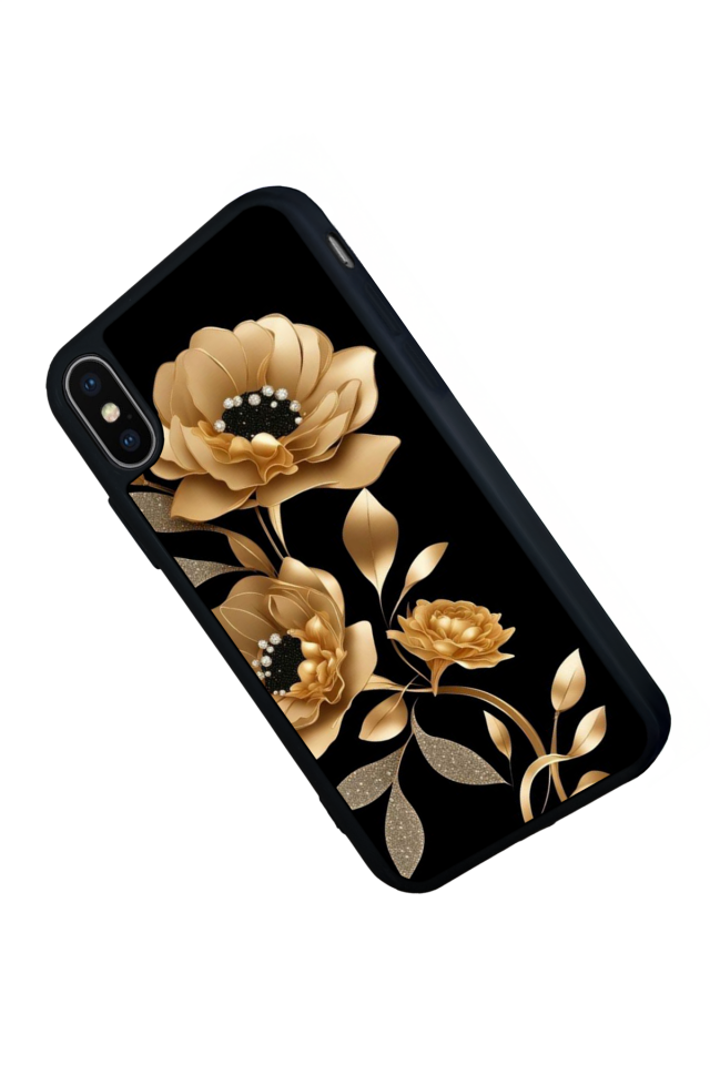 iPhone XS Max Uyumlu Yaldizli Cicek Tasarımlı Glossy Premium Kılıf