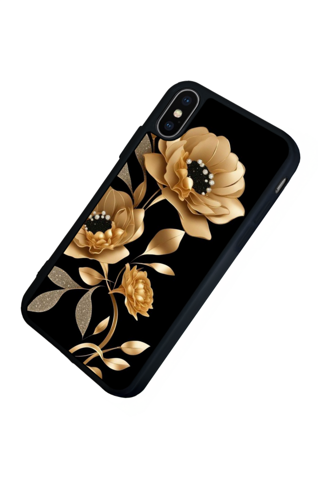 iPhone XS Max Uyumlu Yaldizli Cicek Tasarımlı Glossy Premium Kılıf