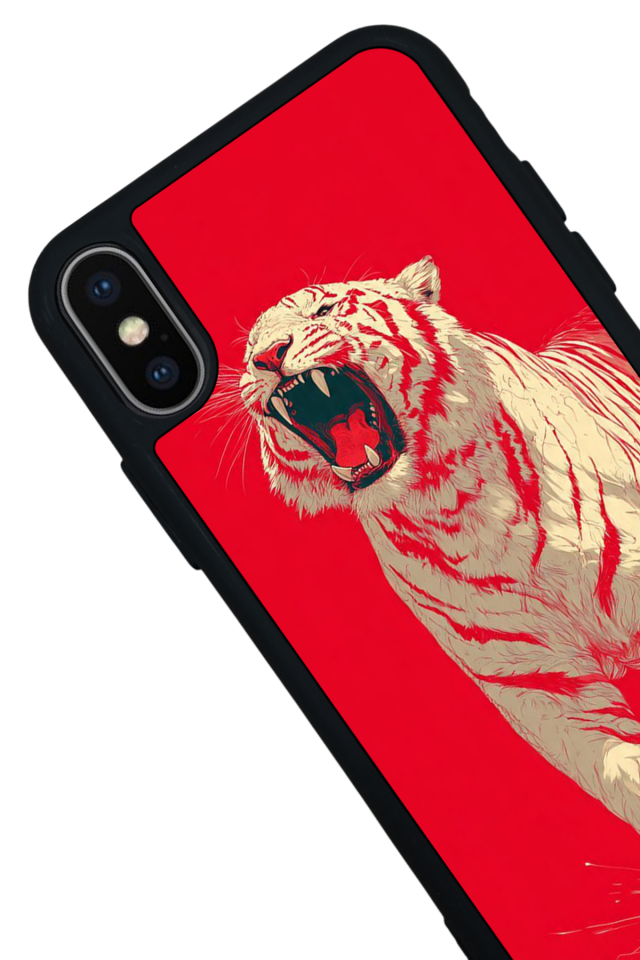 iPhone XS Max Uyumlu Kirmizi ve Kaplan Tasarımlı Glossy Premium Kılıf