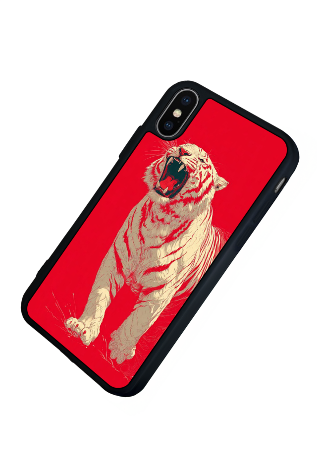 iPhone XS Max Uyumlu Kirmizi ve Kaplan Tasarımlı Glossy Premium Kılıf