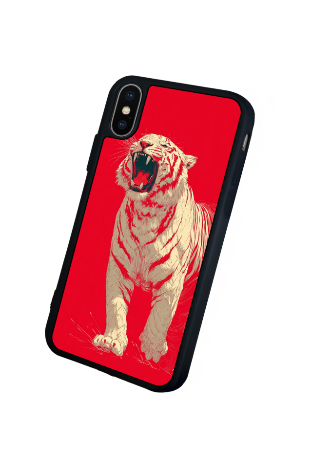 iPhone XS Max Uyumlu Kirmizi ve Kaplan Tasarımlı Glossy Premium Kılıf