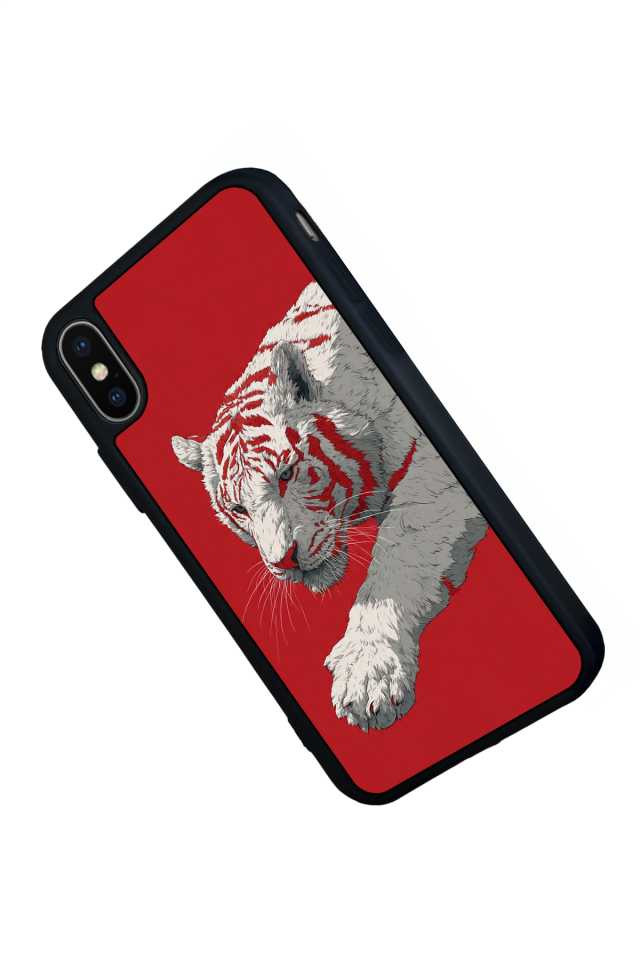 iPhone XS Max Uyumlu Kirmizi ve Kaplan Tasarımlı Glossy Premium Kılıf