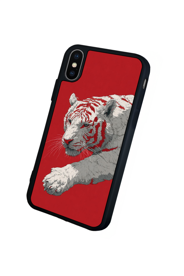 iPhone XS Max Uyumlu Kirmizi ve Kaplan Tasarımlı Glossy Premium Kılıf