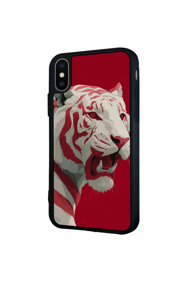 iPhone XS Max Uyumlu Kirmizi ve Kaplan Tasarımlı Glossy Premium Kılıf
