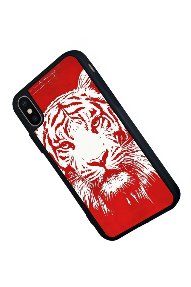 iPhone XS Max Uyumlu Kirmizi ve Kaplan Tasarımlı Glossy Premium Kılıf
