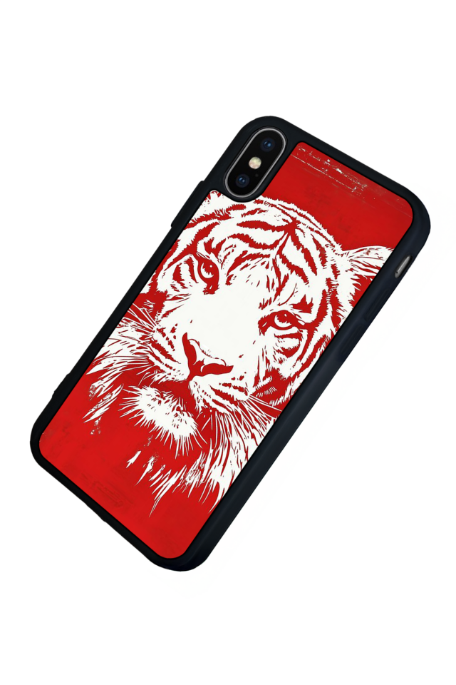 iPhone XS Max Uyumlu Kirmizi ve Kaplan Tasarımlı Glossy Premium Kılıf
