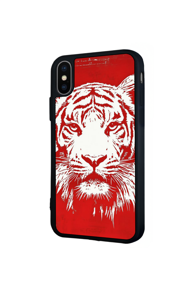 iPhone XS Max Uyumlu Kirmizi ve Kaplan Tasarımlı Glossy Premium Kılıf