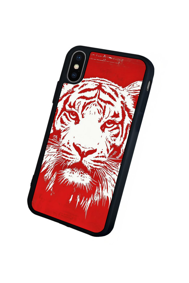 iPhone XS Max Uyumlu Kirmizi ve Kaplan Tasarımlı Glossy Premium Kılıf