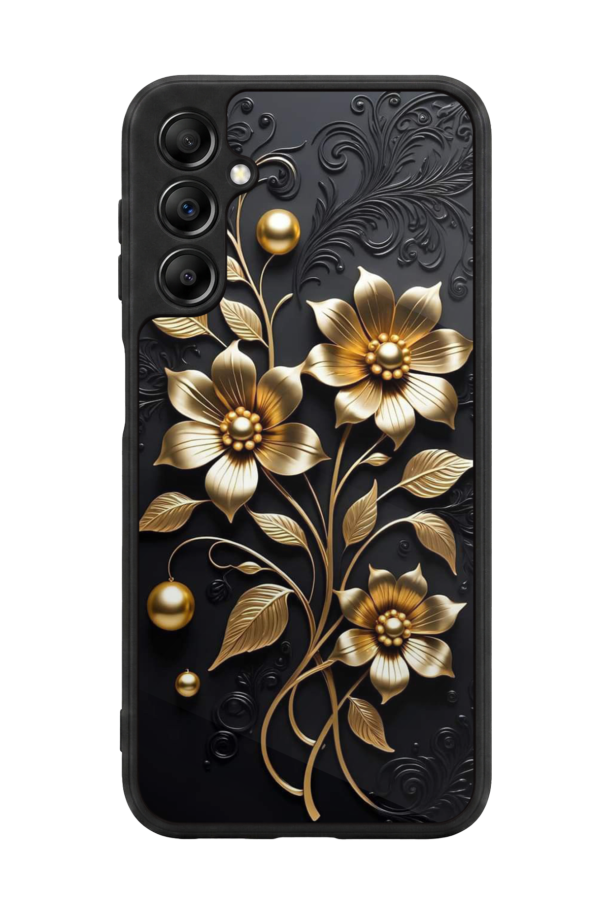 Samsung Galaxy A14 Uyumlu Yaldizli Cicek Tasarımlı Glossy Premium Kılıf