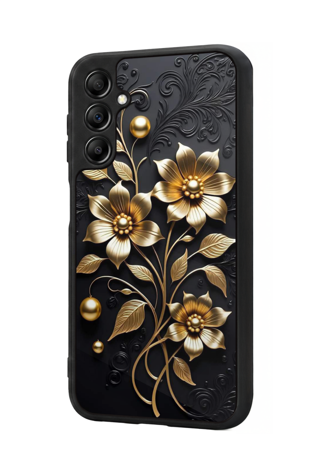 Samsung Galaxy A14 Uyumlu Yaldizli Cicek Tasarımlı Glossy Premium Kılıf
