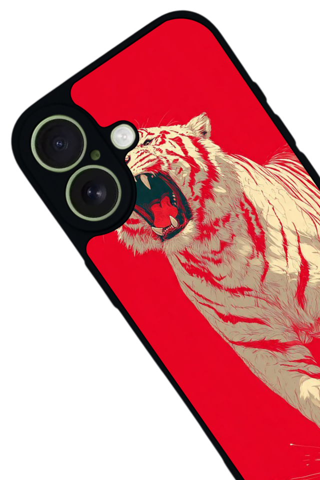 iPhone 17 Uyumlu Kirmizi ve Kaplan Tasarımlı Glossy Premium Kılıf