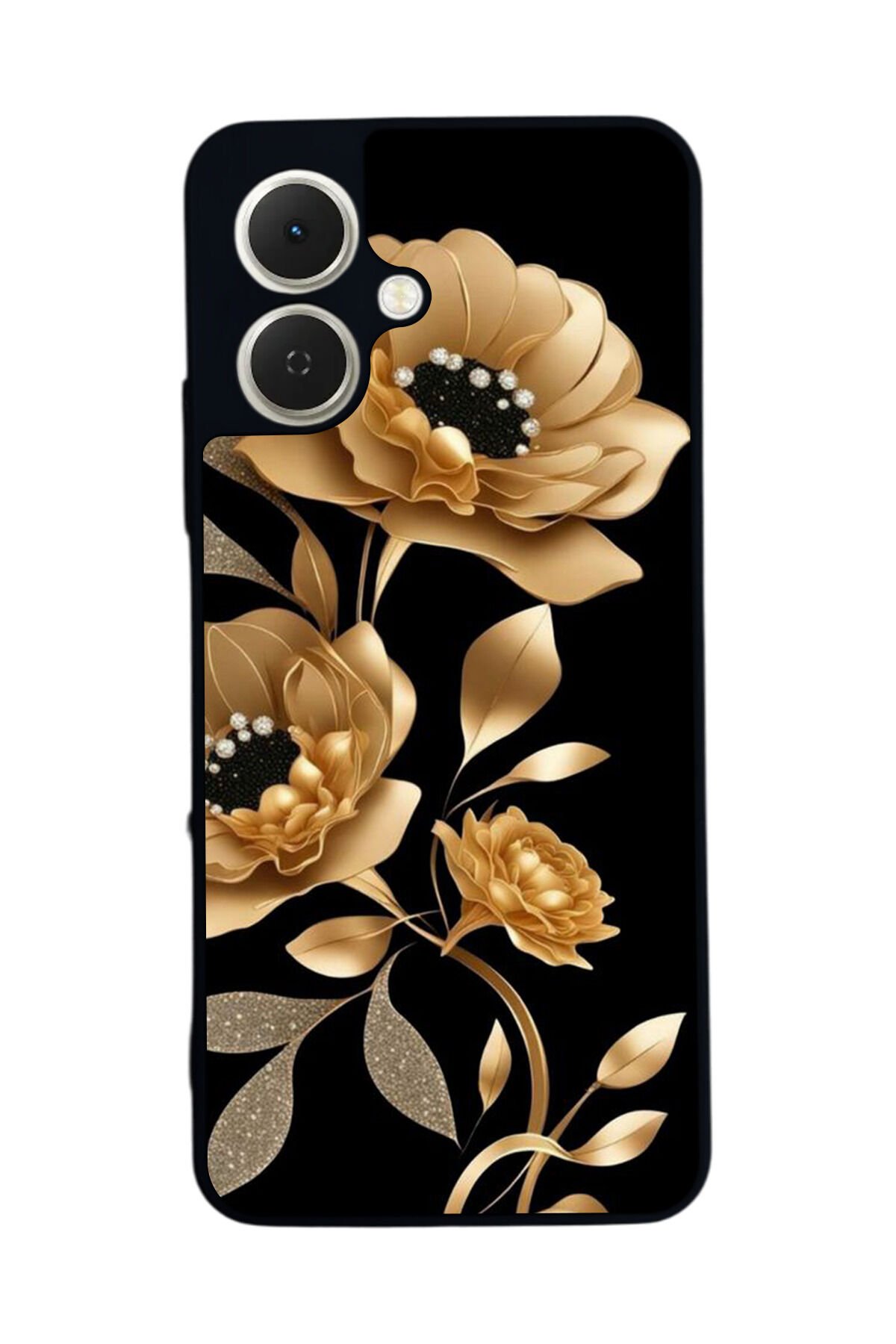 Tecno Spark GO 2 Uyumlu Yaldizli Cicek Tasarımlı Glossy Premium Kılıf