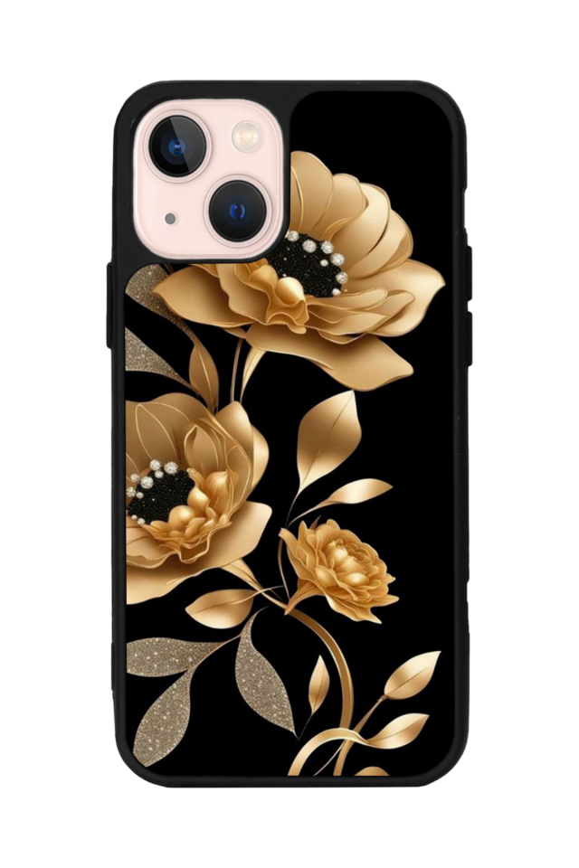 iPhone 13 Mini Uyumlu Yaldizli Cicek Tasarımlı Glossy Premium Kılıf