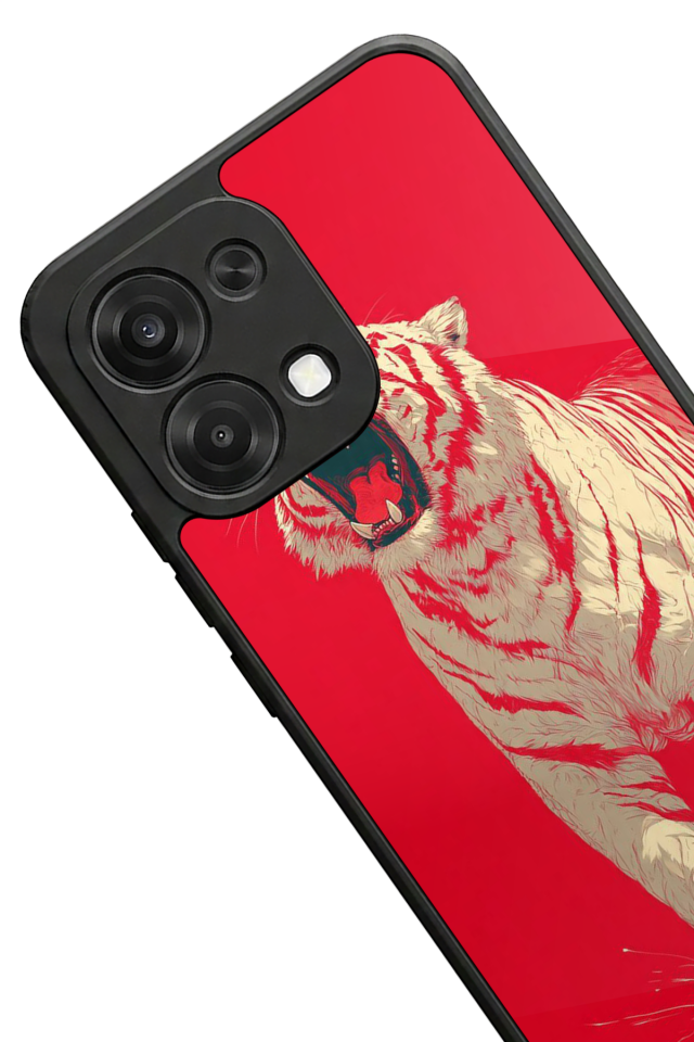 Oppo A6 Pro Uyumlu Kirmizi ve Kaplan Tasarımlı Glossy Premium Kılıf