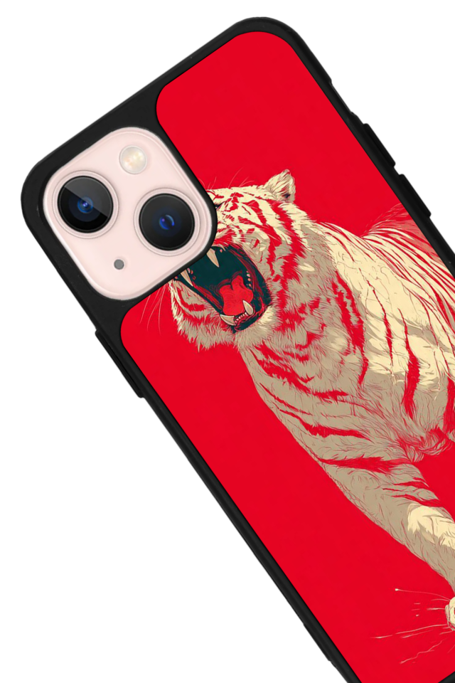 iPhone 13 Mini Uyumlu Kirmizi ve Kaplan Tasarımlı Glossy Premium Kılıf