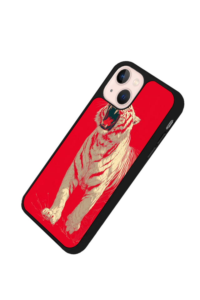 iPhone 13 Mini Uyumlu Kirmizi ve Kaplan Tasarımlı Glossy Premium Kılıf