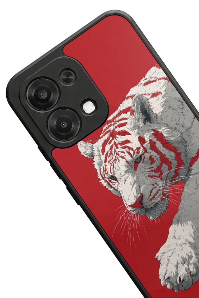 Oppo A6 Pro Uyumlu Kirmizi ve Kaplan Tasarımlı Glossy Premium Kılıf