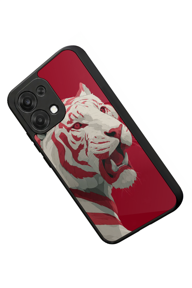 Oppo A6 Pro Uyumlu Kirmizi ve Kaplan Tasarımlı Glossy Premium Kılıf