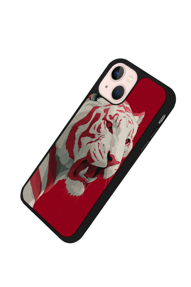 iPhone 13 Mini Uyumlu Kirmizi ve Kaplan Tasarımlı Glossy Premium Kılıf