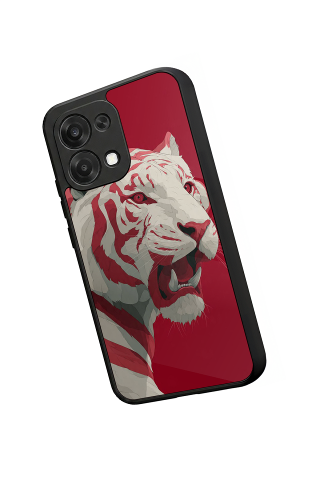 Oppo A6 Pro Uyumlu Kirmizi ve Kaplan Tasarımlı Glossy Premium Kılıf