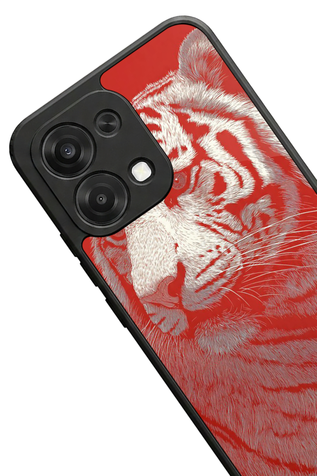 Oppo A6 Pro Uyumlu Kirmizi ve Kaplan Tasarımlı Glossy Premium Kılıf