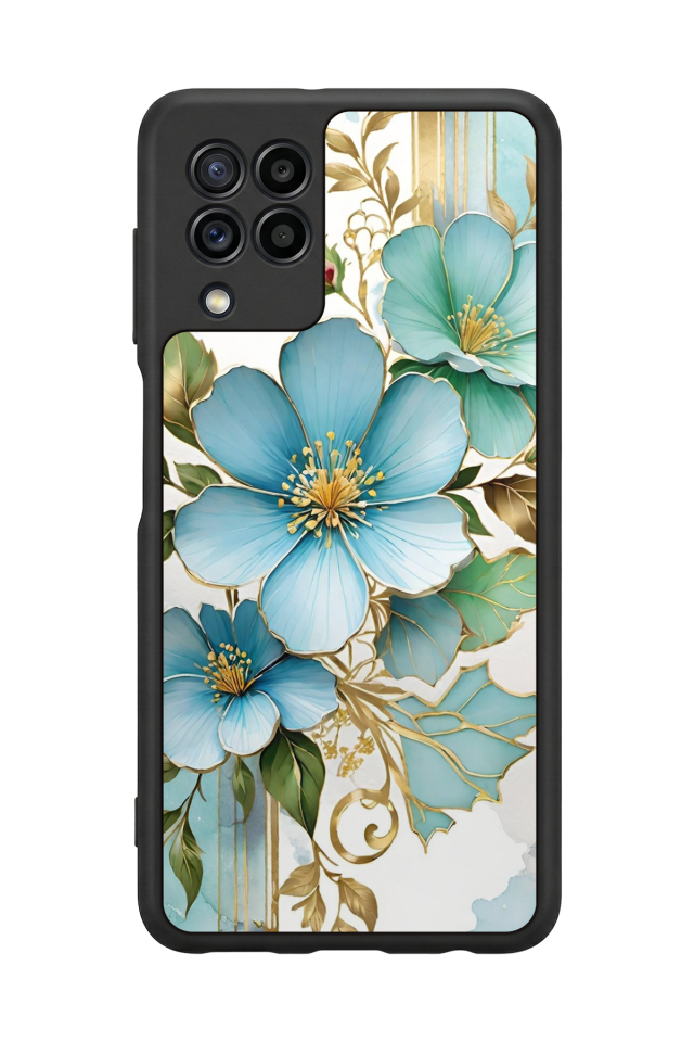 Samsung Galaxy M22 Uyumlu Yaldizli Cicek Tasarımlı Glossy Premium Kılıf