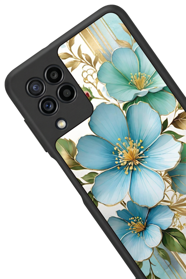 Samsung Galaxy M22 Uyumlu Yaldizli Cicek Tasarımlı Glossy Premium Kılıf